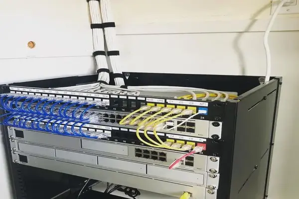 Installed network servers and switch mounted on a rack
